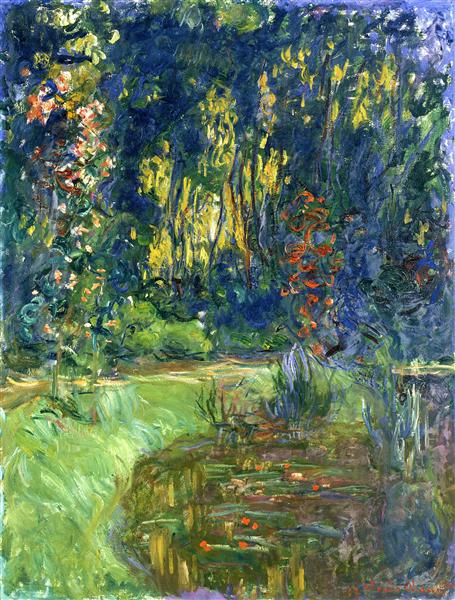 Painting of a garden scene with trees and flowers