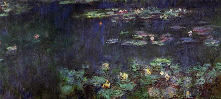 Painting of water lilies at night with a dark background