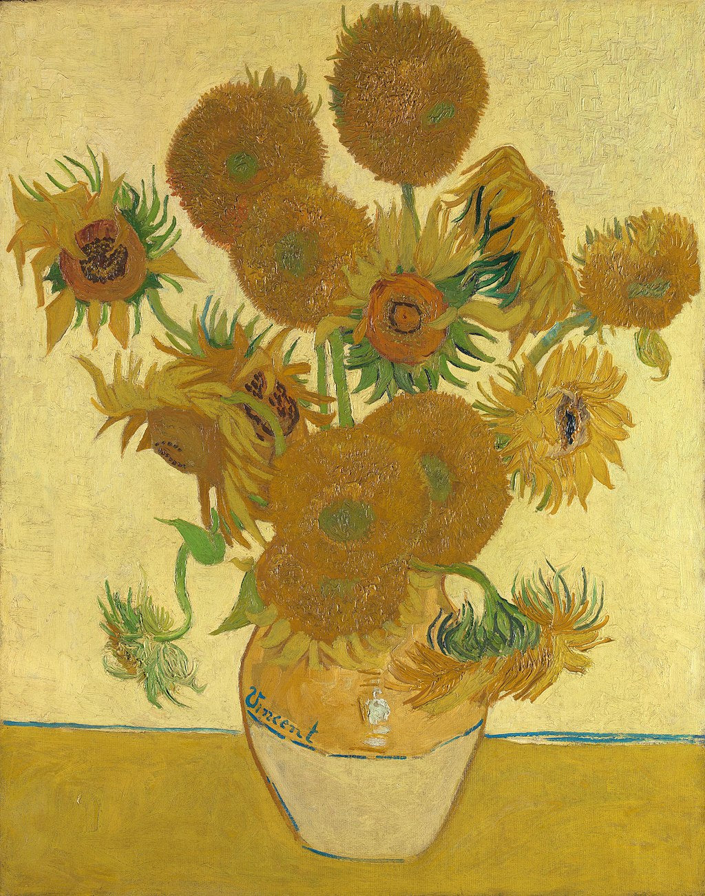 Famous painting of sunflowers in a vase by Vincent van Gogh on a textured yellow background. Still Life Vase with Fifteen Sunflowers (1888) by Van Gogh — National Gallery London