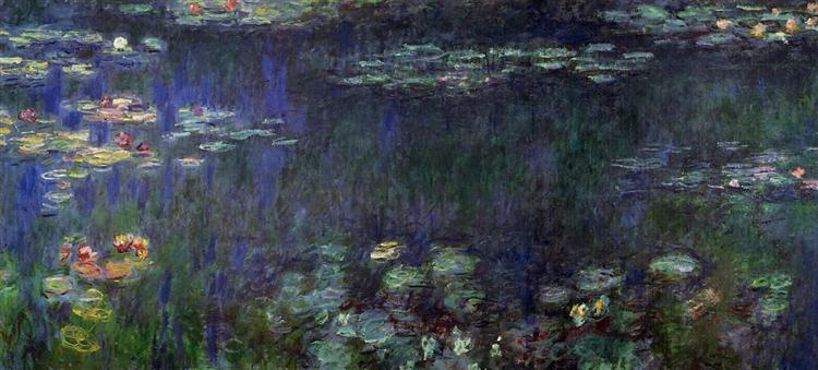 Famous painting of water lilies and reflections on a pond