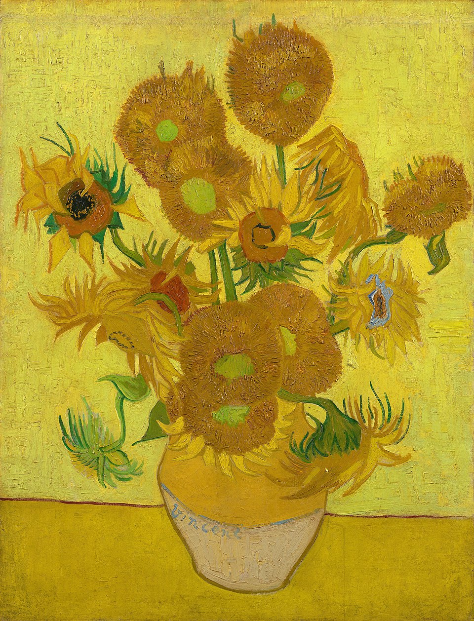 Famous painting of sunflowers in a vase by Vincent van Gogh on a yellow background. Still Life Vase with Fifteen Sunflowers (1888) by Van Gogh - Van Gogh Museum, Amsterdam