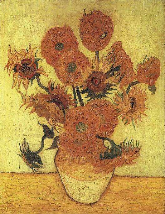 Famous artwork of sunflowers in a vase with a yellow background. Vase with Fifteen Sunflowers (1889) by Van Gogh — Sompo Japan Museum of Art