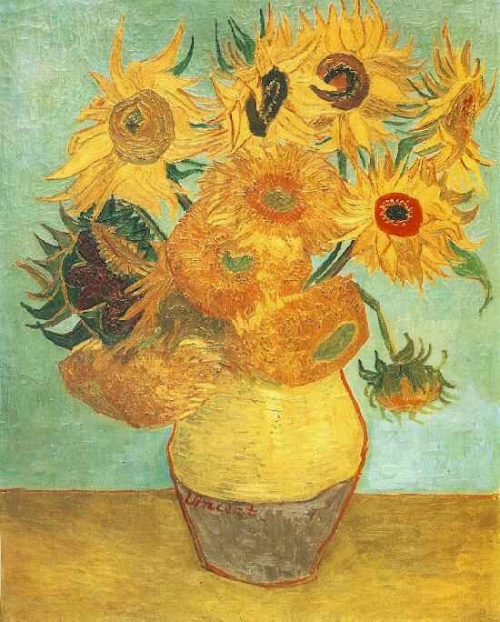 Famous painting of sunflowers in a vase by Vincent van Gogh. Still Life Vase with Twelve Sunflowers (c. 1889) by Van Gogh — Philadelphia Museum of Art