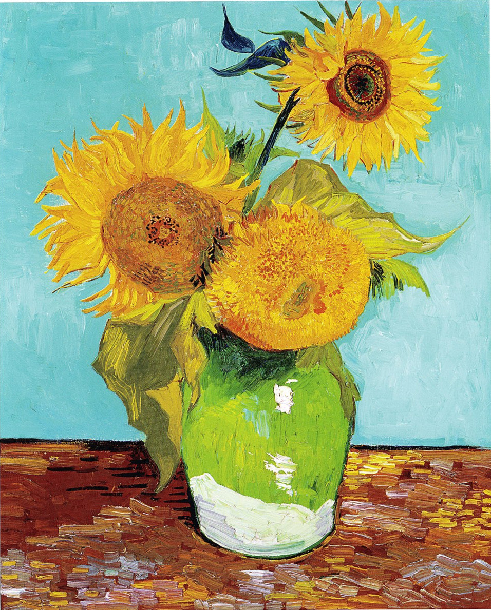 Painting of sunflowers in a green vase with a blue background. Three Sunflowers in a Vase (1888) by Van Gogh — Private Collection