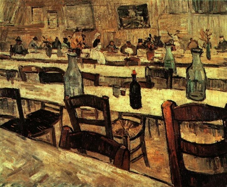 Painting of a lively bar scene with patrons and bottles on tables. Interior of a Restaurant in Arles (1888) by Van Gogh — Private Collection