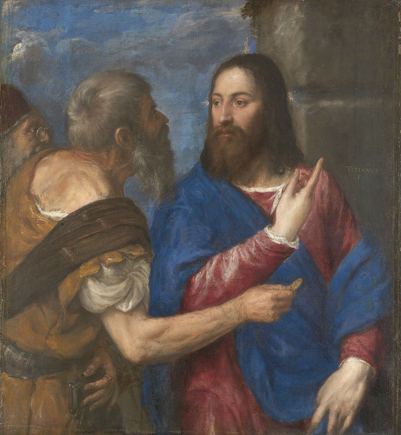 Painting of a religious scene with figures in robes and a blue sky. The Tribute Money by Titian | 1540 National Gallery London
