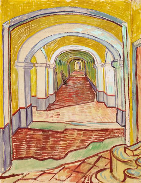 Artistic depiction of a long corridor with arches, using a limited color palette. Corridor in the Asylum (1889) by Van Gogh — MoMA / Asylum Interior