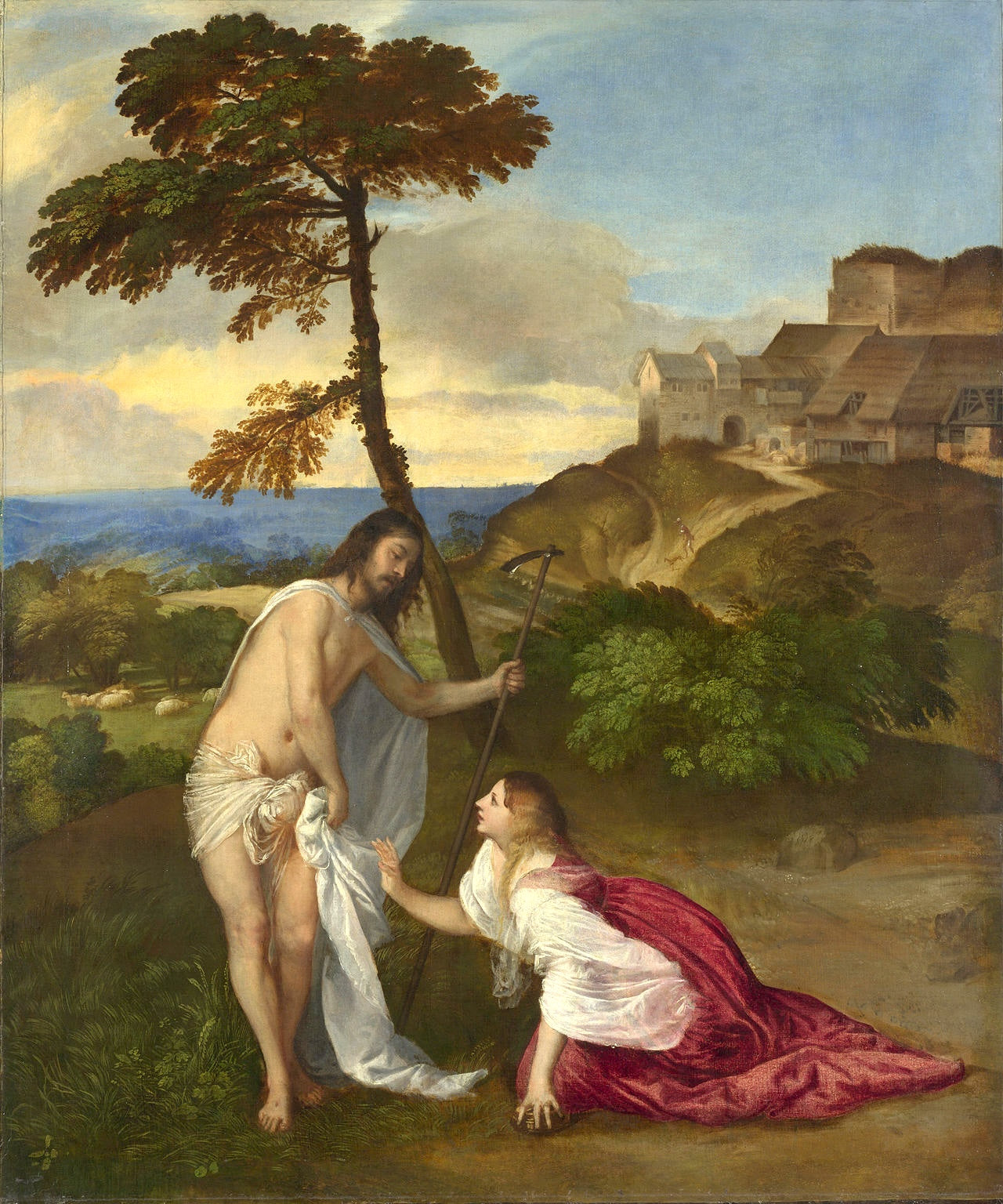 Painting of a classical scene with two figures in a landscape. Noli me tangere by Titian – Renaissance Religious Painting Reproduction
