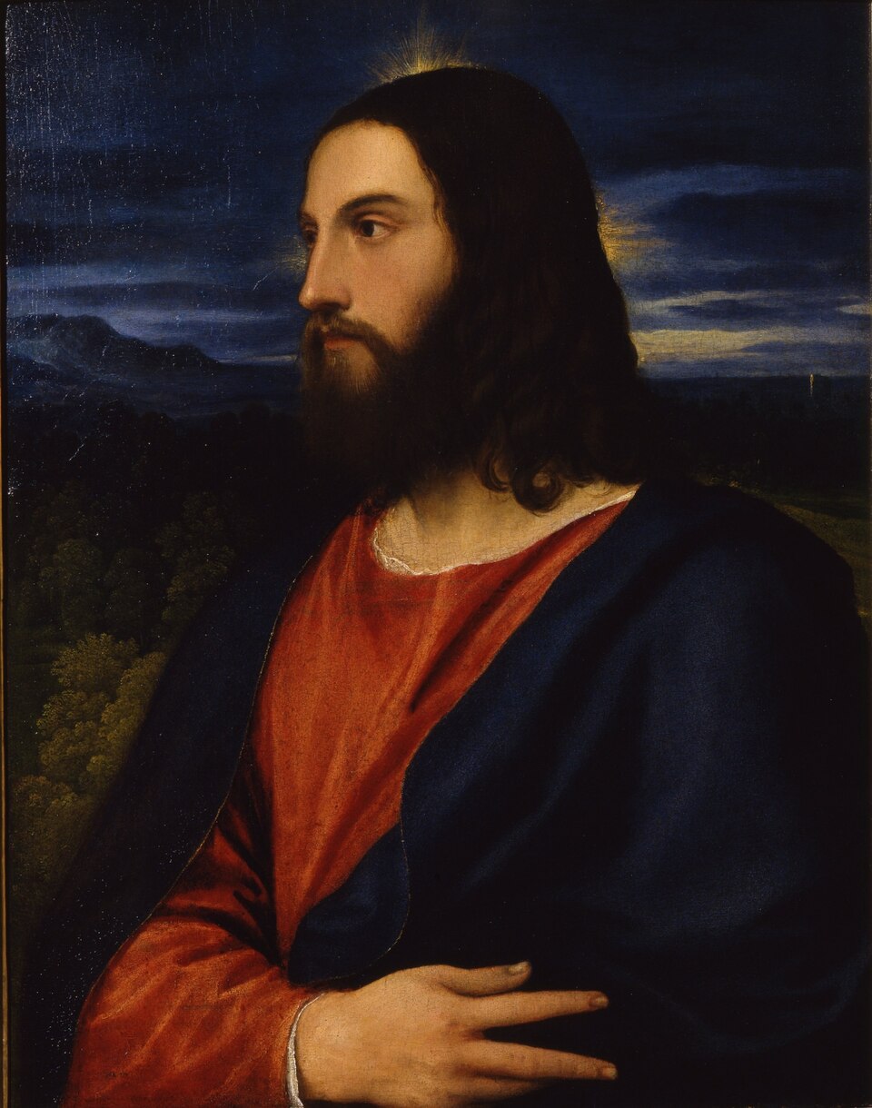 Painting of a religious figure with a red robe and blue cloak against a mountainous landscape. Christ the Redeemer by Titian | Renaissance Religious Portrait
