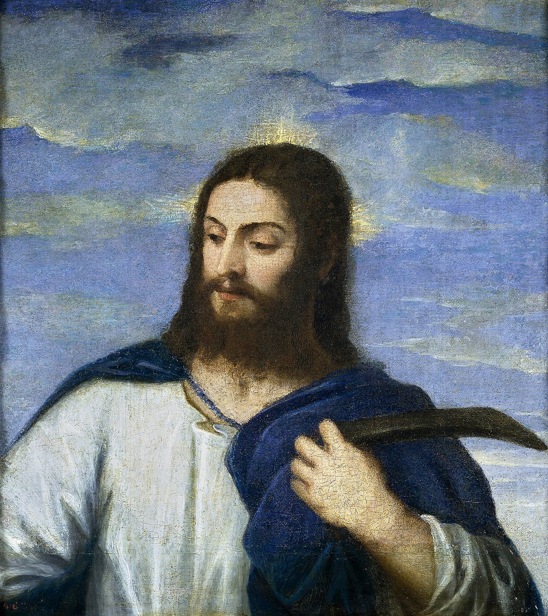Painting of a religious figure holding a sickle against a blue sky with clouds. Christ as the Gardener by Titian | Museo del Prado
