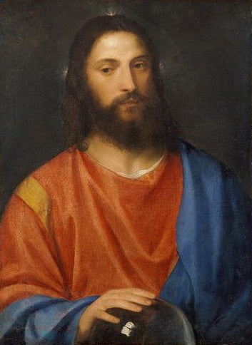 Portrait of a bearded figure in red and blue robes against a dark background. Christ with Globe by Workshop of Titian | Kunsthistorisches Museum
