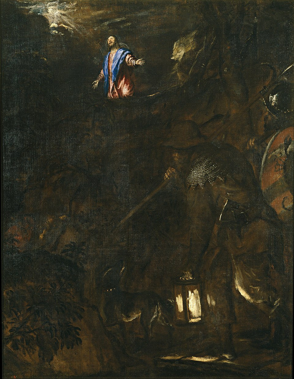 Dark painting of a figure on horseback with a lantern, possibly from a religious or historical context. The Agony in the Garden by Titian | Museo del Prado Madrid
