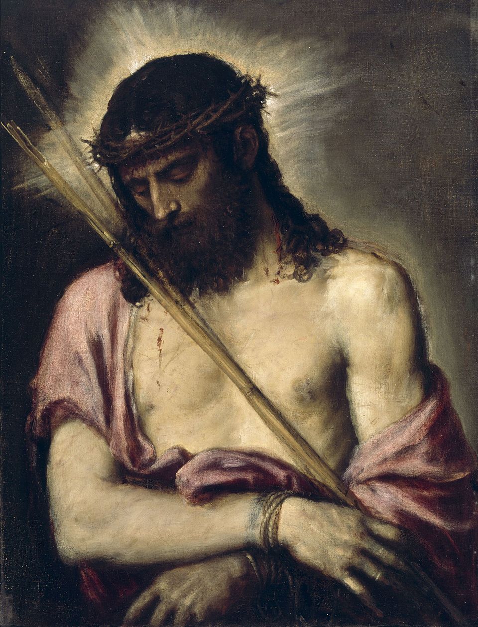 Painting of a bearded figure with a crown of thorns and a spear, draped in a pink garment. Ecce Homo by Titian | National Gallery of Ireland Dublin
