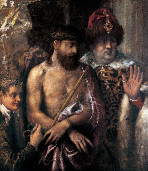Artistic depiction of a bearded man with a staff, surrounded by other figures in ornate clothing. Ecce Homo (Christ Shown to the People) by Titian | Saint Louis Art Museum
