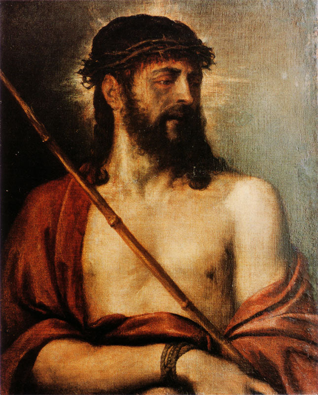 Painting of a bearded man with a staff, wearing a red garment, against a dark background. Ecce Homo by Titian | Brukenthal National Museum, Sibiu Romania
