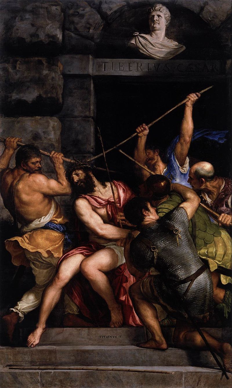 Painting of a classical scene with figures in a dramatic pose against a dark background. The Crowning with Thorns by Titian | Louvre Museum Paris
