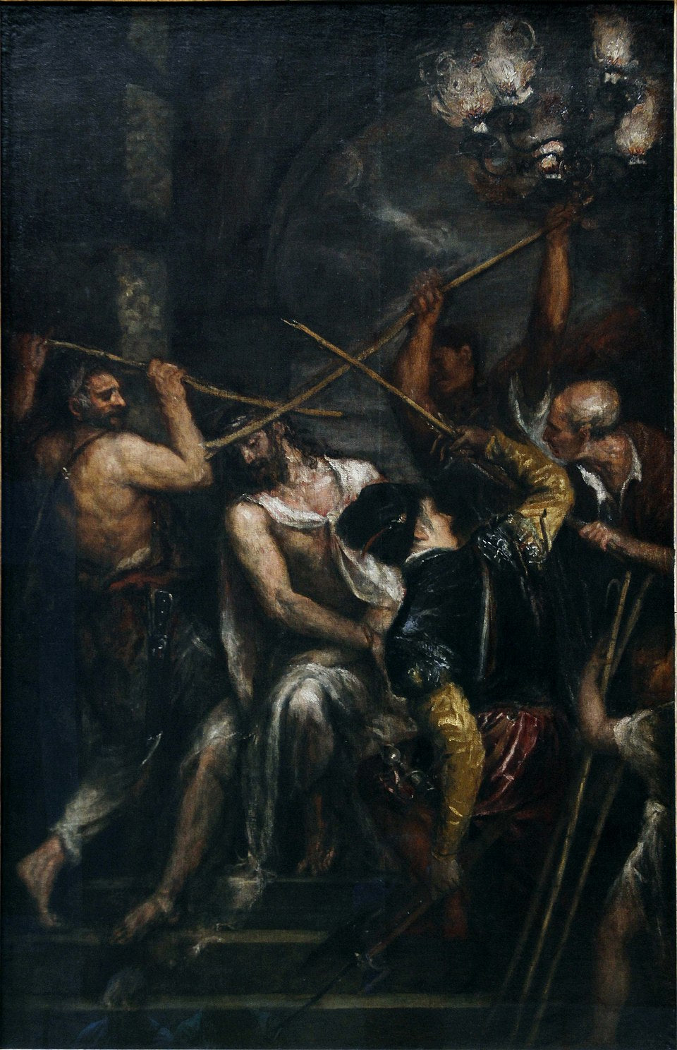 Painting of a dramatic scene with figures holding weapons and a dark background. The Crowning with Thorns by Titian | Alte Pinakothek Munich
