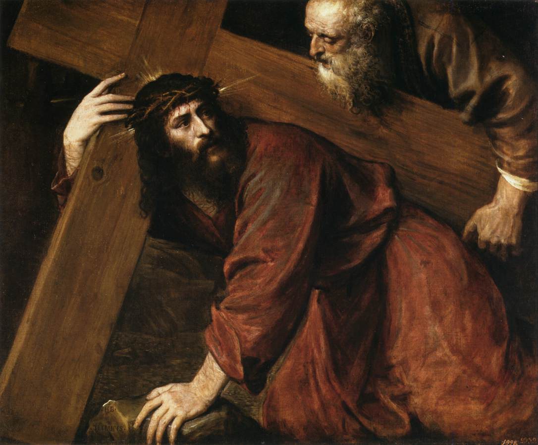 Painting of a man carrying a cross with another man assisting him, in a dark setting. Christ on the Way to Calvary by Titian | Museo del Prado Madrid
