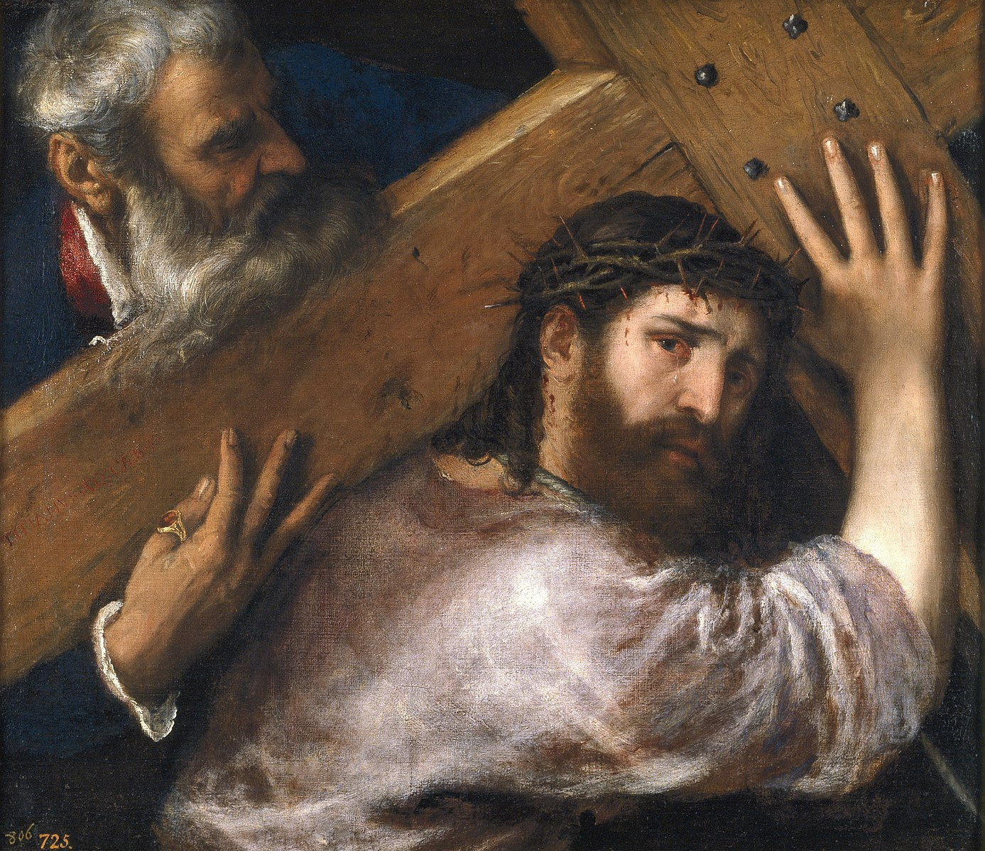 Painting of a man carrying a cross with another figure in the background. Christ Carrying the Cross by Titian | Museo del Prado Madrid
