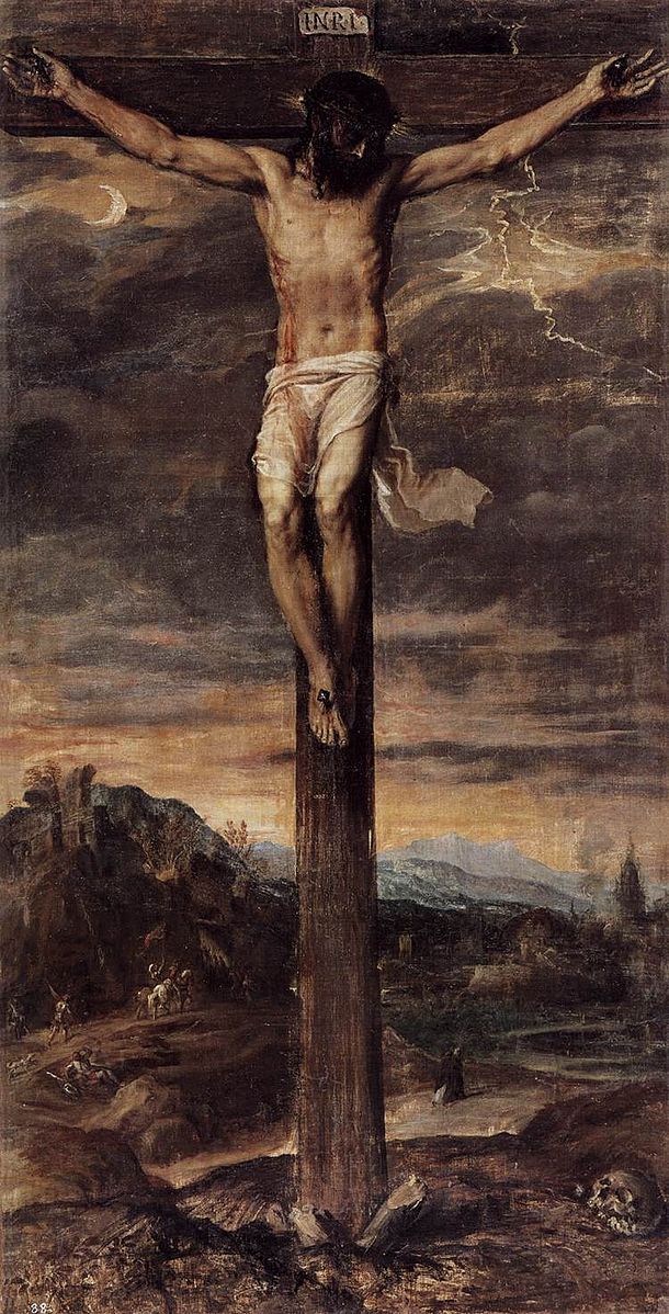 Painting of a crucifixion scene with a dark, moody sky. Crucifixion by Titian | Royal Collections Gallery Madrid
