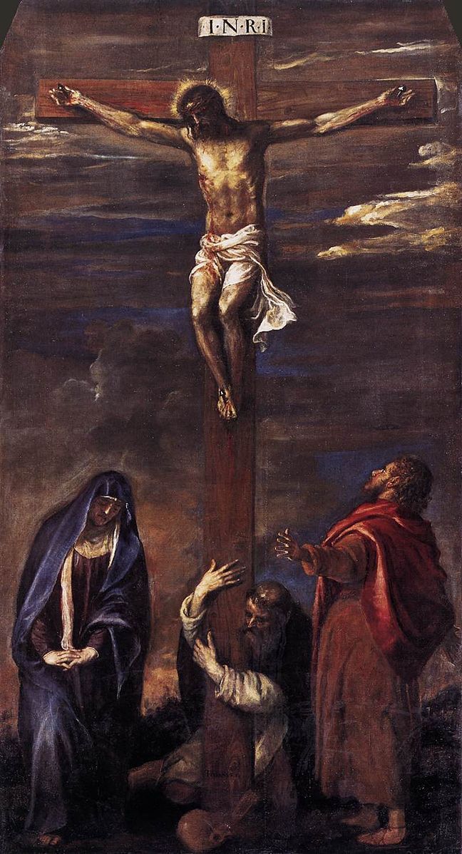 Painting of the Crucifixion with figures around the cross against a dark background. Crucifixion by Titian | Pinacoteca Civica Francesco Podesti Ancona
