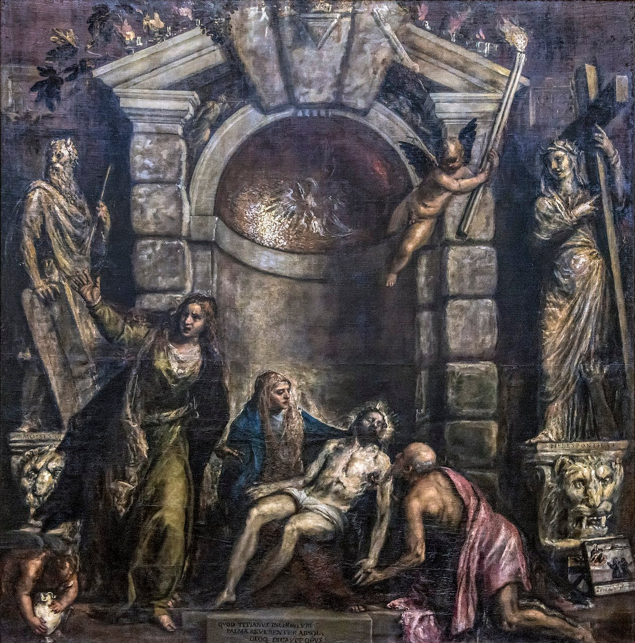 Artistic depiction of a classical scene with figures and architectural elements. Pietà by Titian | Gallerie dell’Accademia Venice
