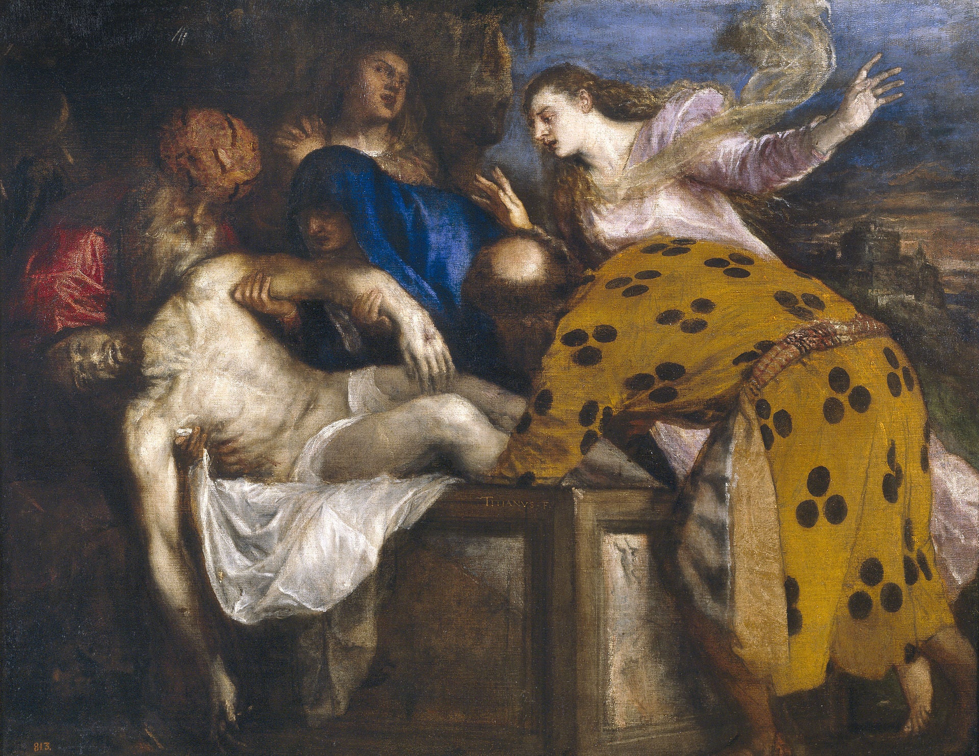Artistic depiction of a classical scene with figures in elaborate clothing. The Burial of Christ by Titian | Museo del Prado Madrid 1572
