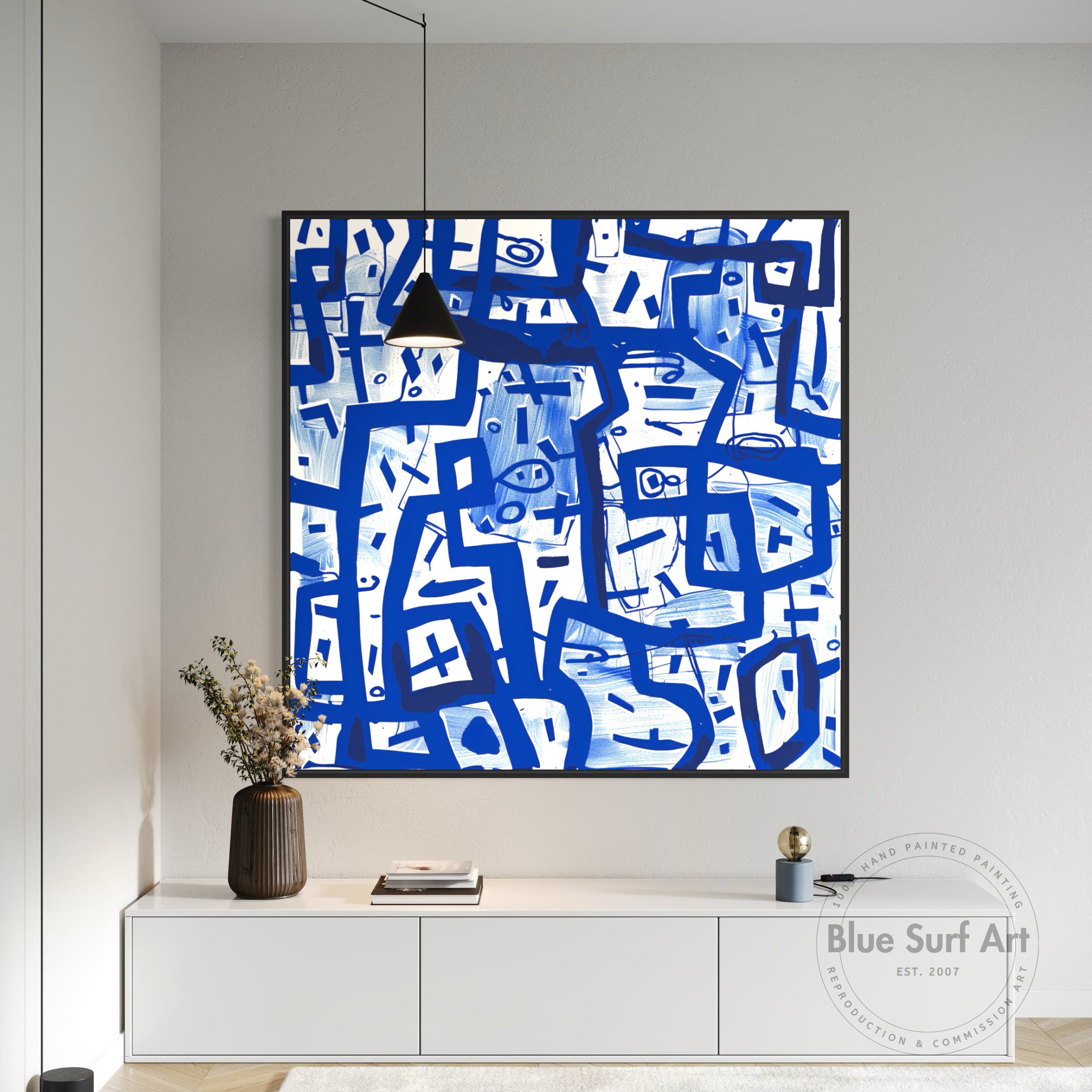 Abstract Art with Textured Hand Painted Oil on Canvas Blue Abstract Art - Showcase on white wall.