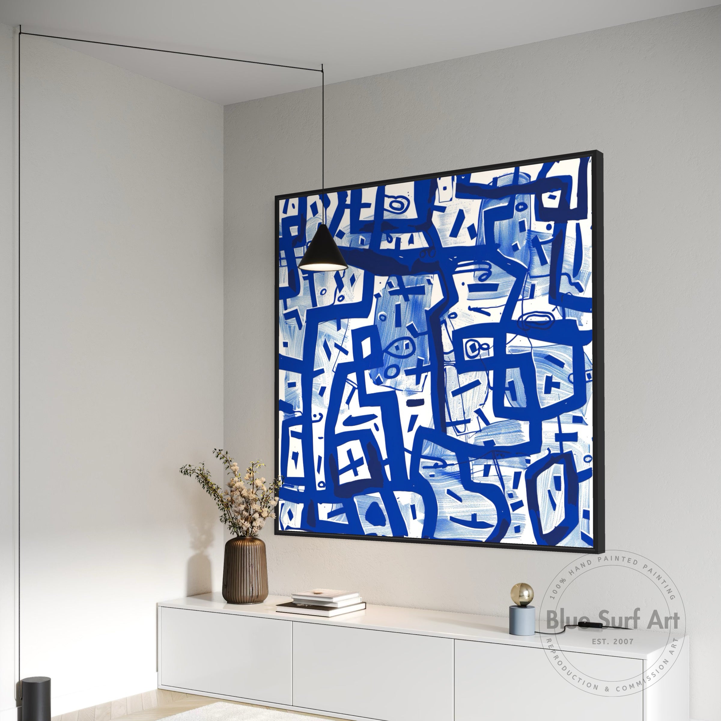Abstract Art with Textured Hand Painted Oil on Canvas Blue Abstract Art - Showcase on white wall