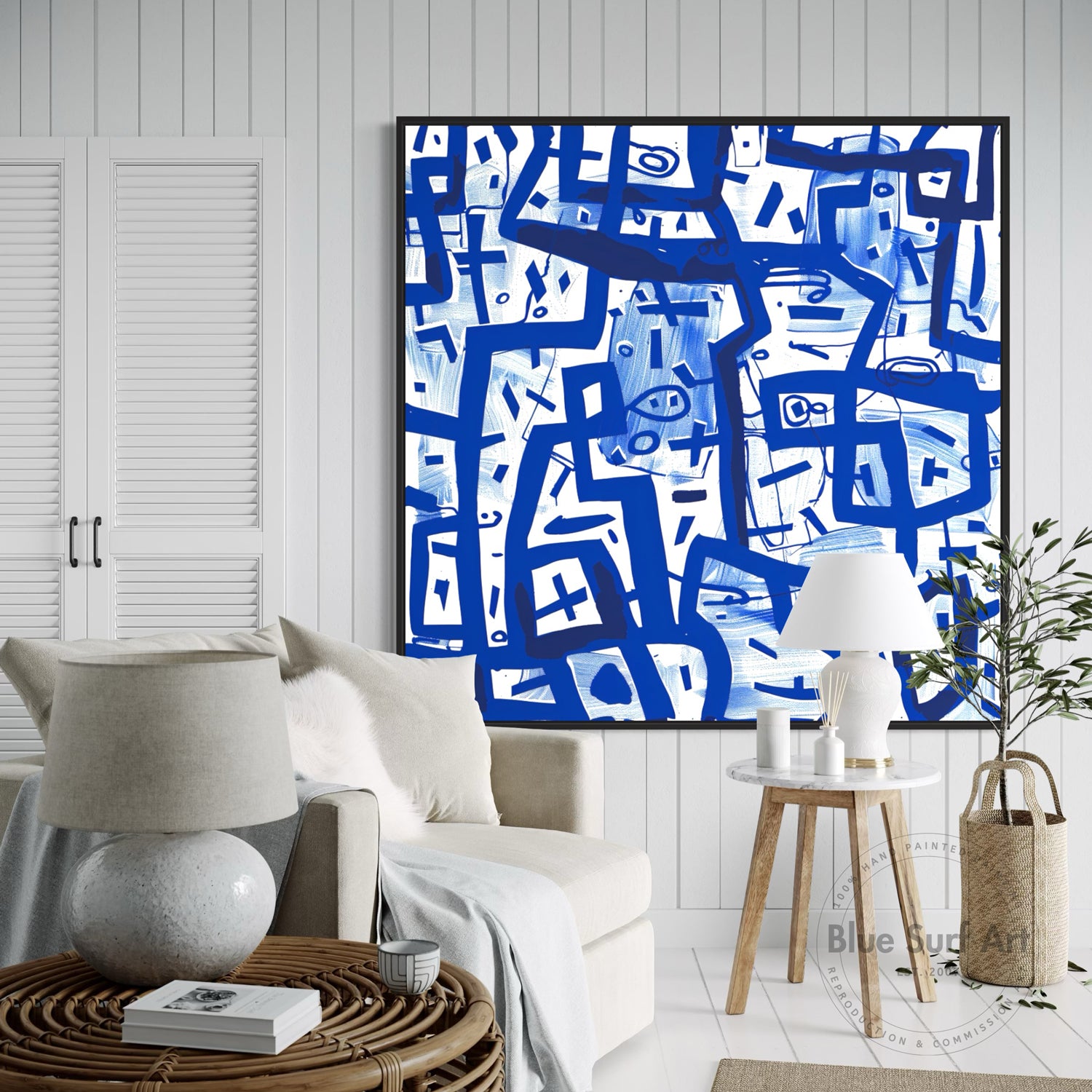 Abstract Art with Textured Hand Painted Oil on Canvas Blue Abstract Art - Showcase on white wall