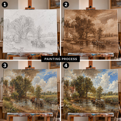A four-panel collage showing the painting process for a landscape scene, with numbered steps 1 through 4. The panels show a sketch on canvas, a sepia-toned draft, a more detailed painted version with trees, water, and figures, and a final polished landscape painting.