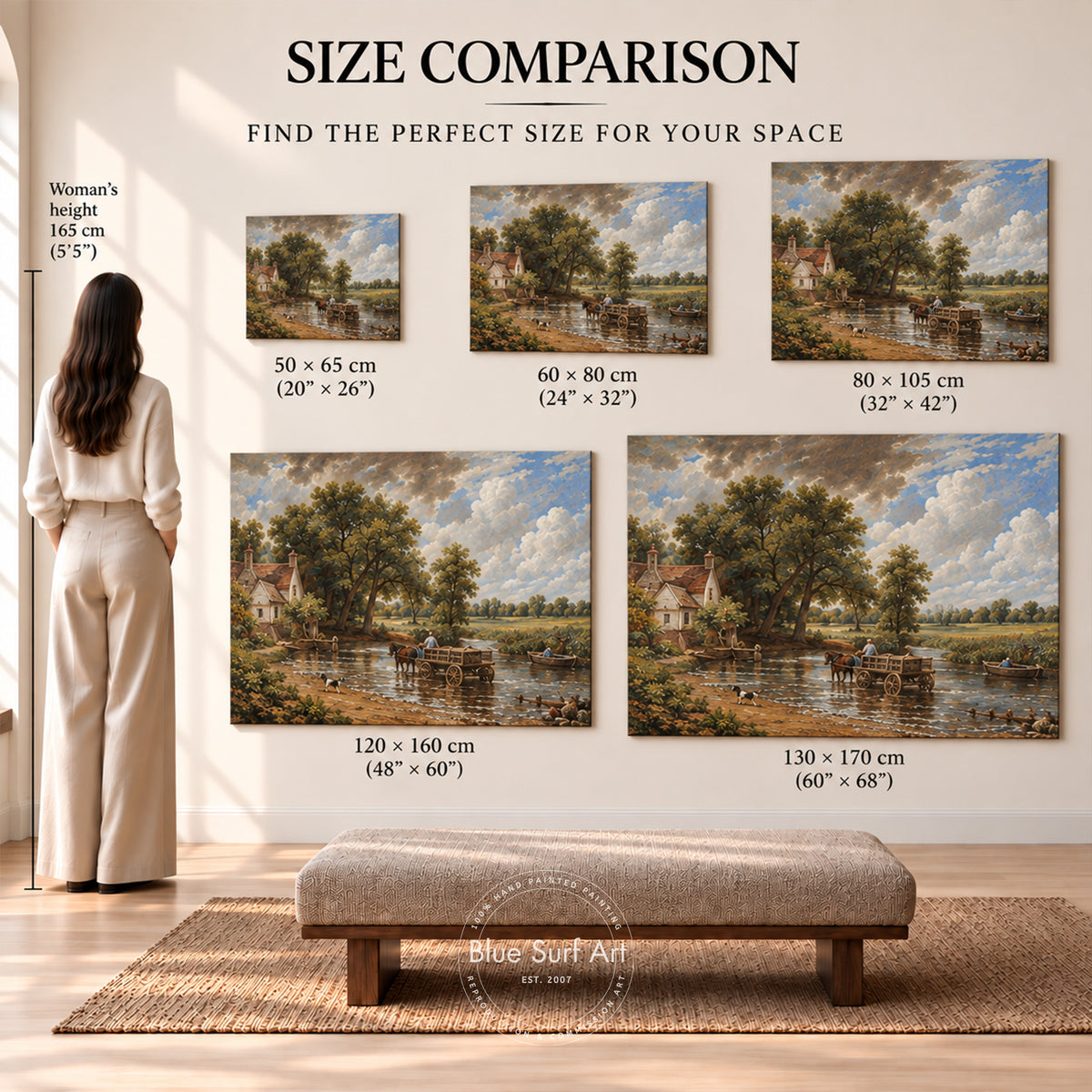 A size comparison chart for a landscape canvas print, showing five different canvas sizes with dimensions labeled in centimeters and inches. A woman in a cream outfit stands next to a wall measuring tape for scale, and a beige upholstered bench sits below on a woven rug.
