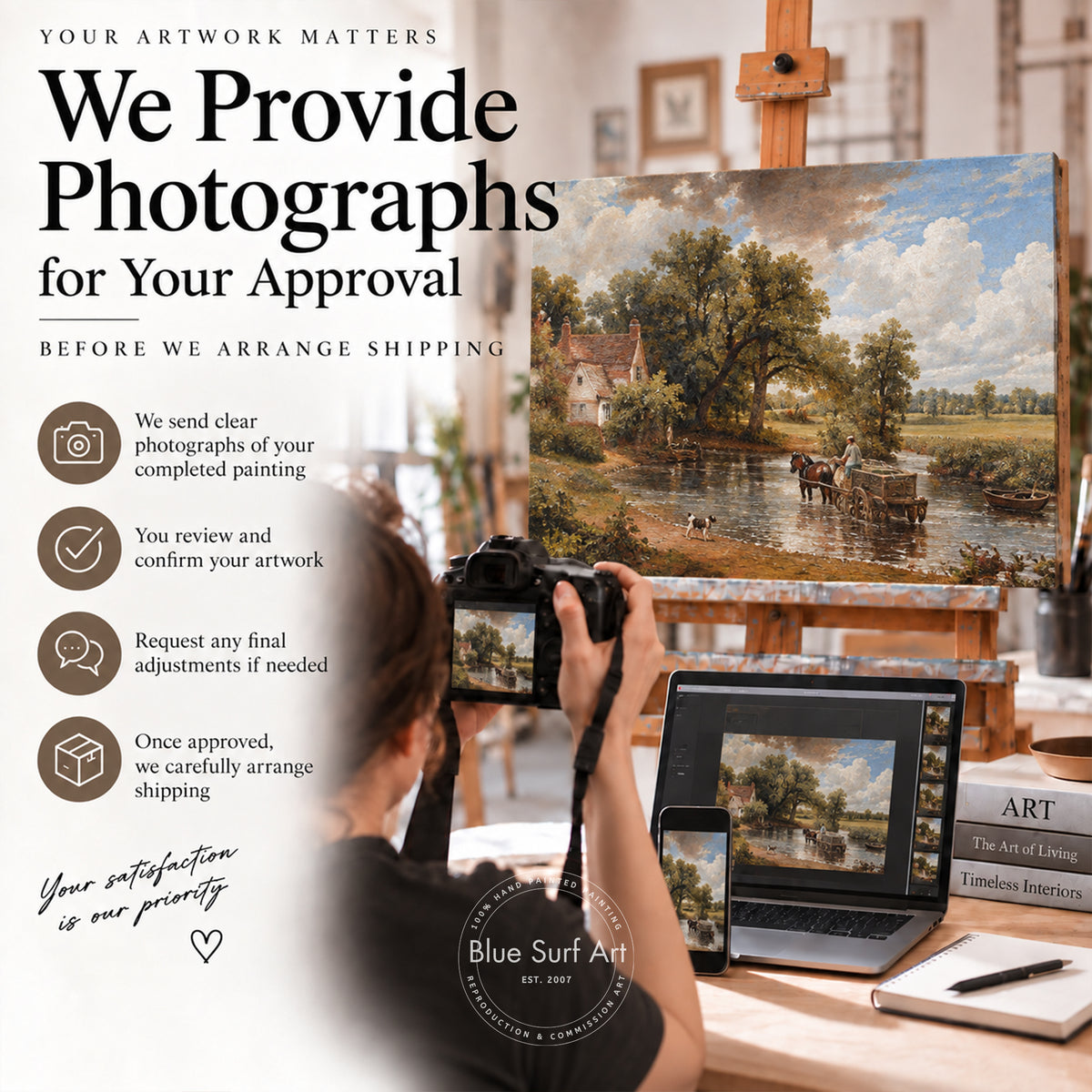 A person takes a photo of a completed landscape painting on an easel using a camera, with a laptop and phone showing the artwork. Large promotional text on the left reads, 'We Provide Photographs for Your Approval Before We Arrange Shipping,' and the Blue Surf Art logo appears at the bottom.