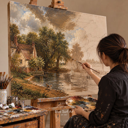 A woman painting a landscape scene on a canvas in a studio setting. The artwork depicts trees, a cottage, a river, and animals, with the artist holding a paintbrush and palette.