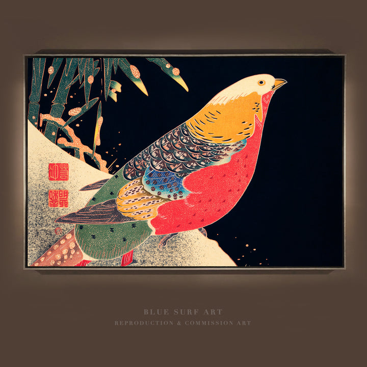 Golden Pheasant in the Snow Painting by Itō Jakuchū. Reproduction oil on canvas. Blue Surf Art