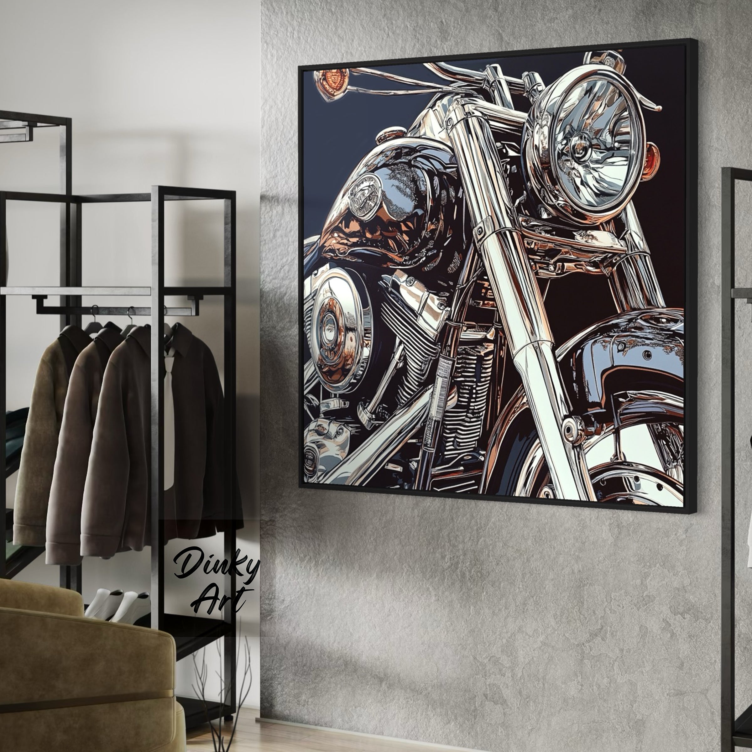 Motorcycle painting on a wall in a room with clothing racks.
