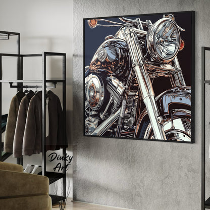 Motorcycle painting on a wall in a room with clothing racks.