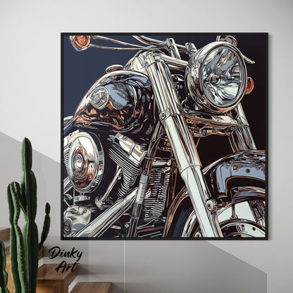Close-up of a motorcycle engine on a wall with 'Dinky Art' branding.