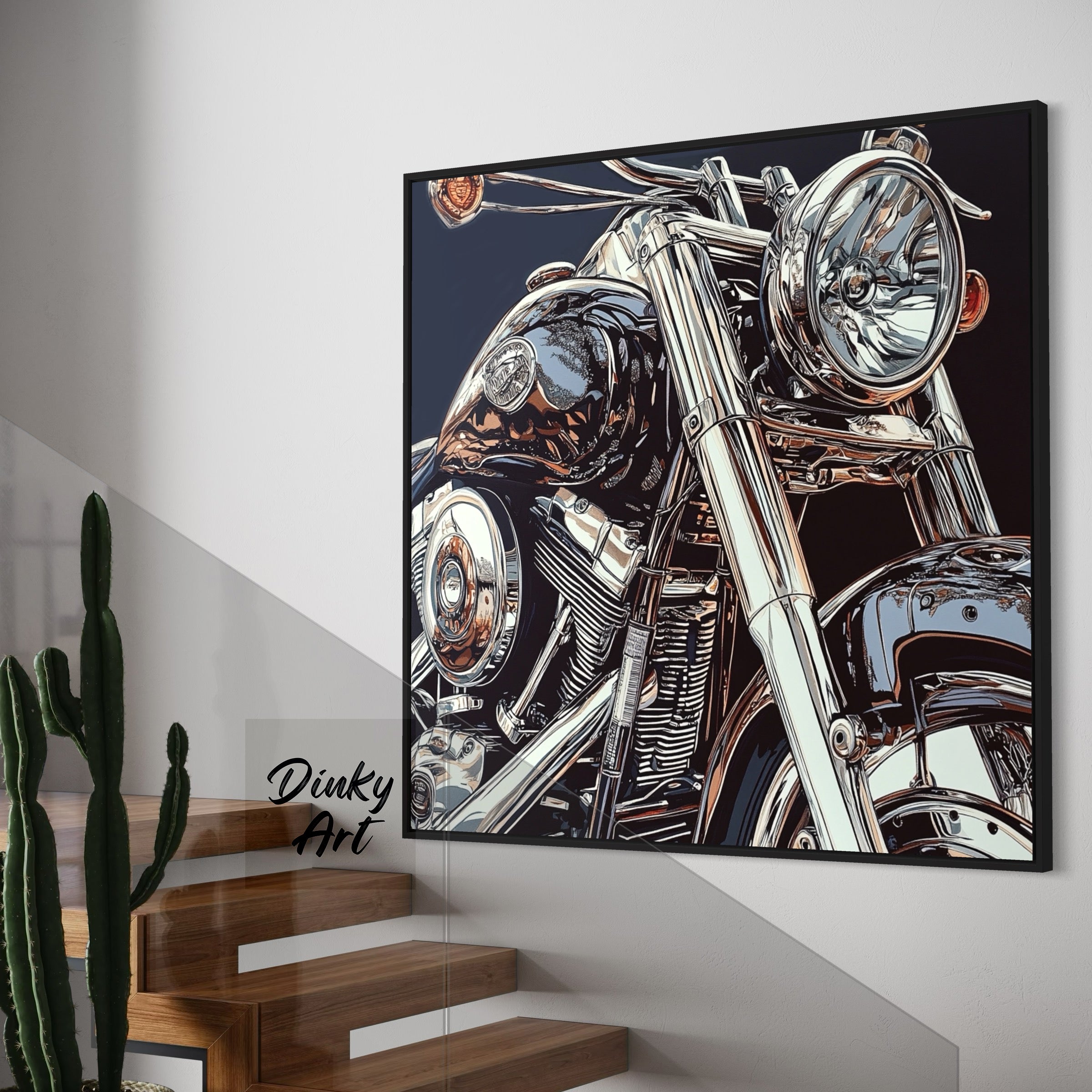 Framed artwork of a motorcycle on a wall with 'Dinky Art' branding.