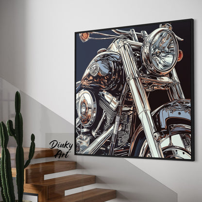 Framed artwork of a motorcycle on a wall with 'Dinky Art' branding.