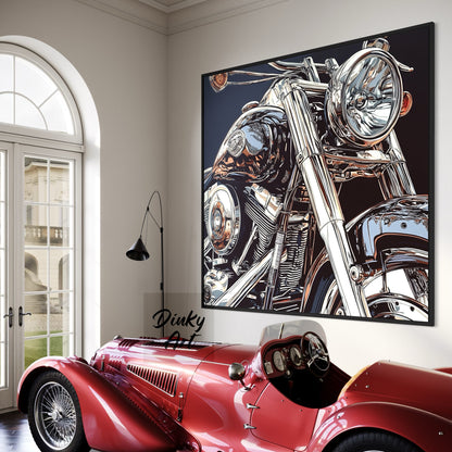 Framed artwork of a motorcycle on a wall above a red car.