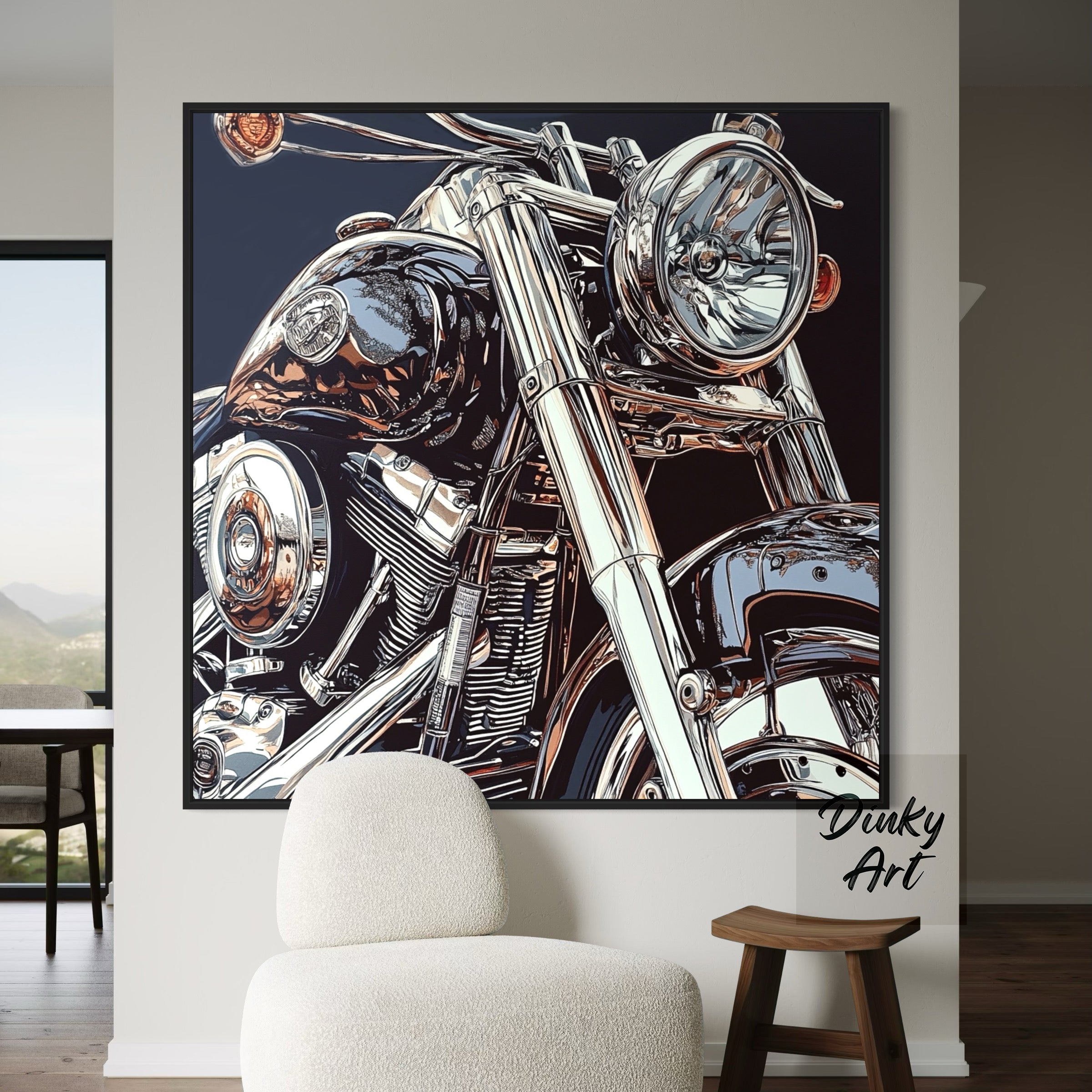 Framed artwork of a motorcycle on a wall in a room with a chair and stool.