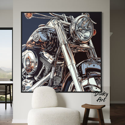 Framed artwork of a motorcycle on a wall in a room with a chair and stool.