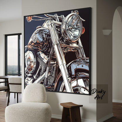 Framed artwork of a motorcycle on a wall in a room with a chair and table.