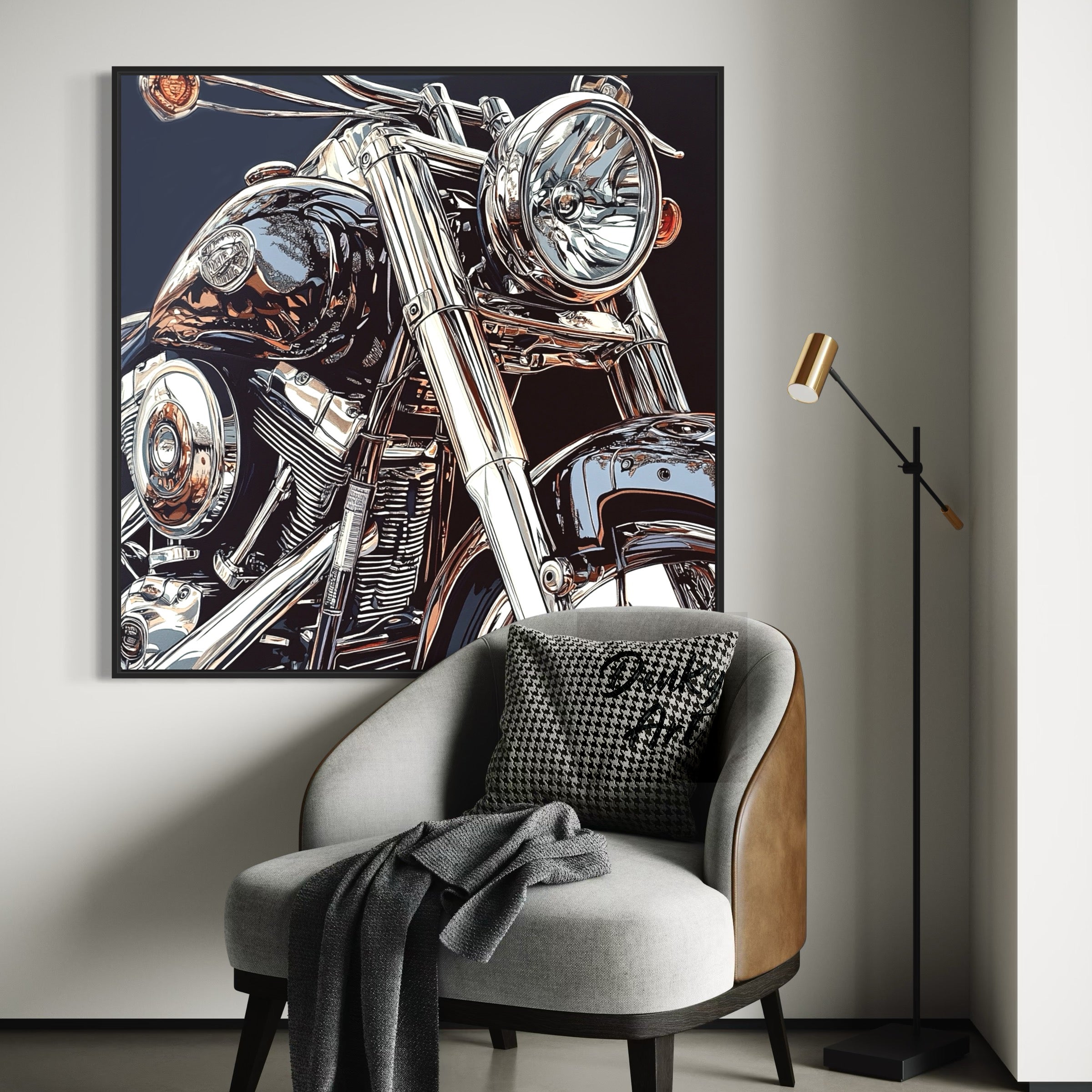 Motorcycle painting on a wall above a chair with a decorative pillow.