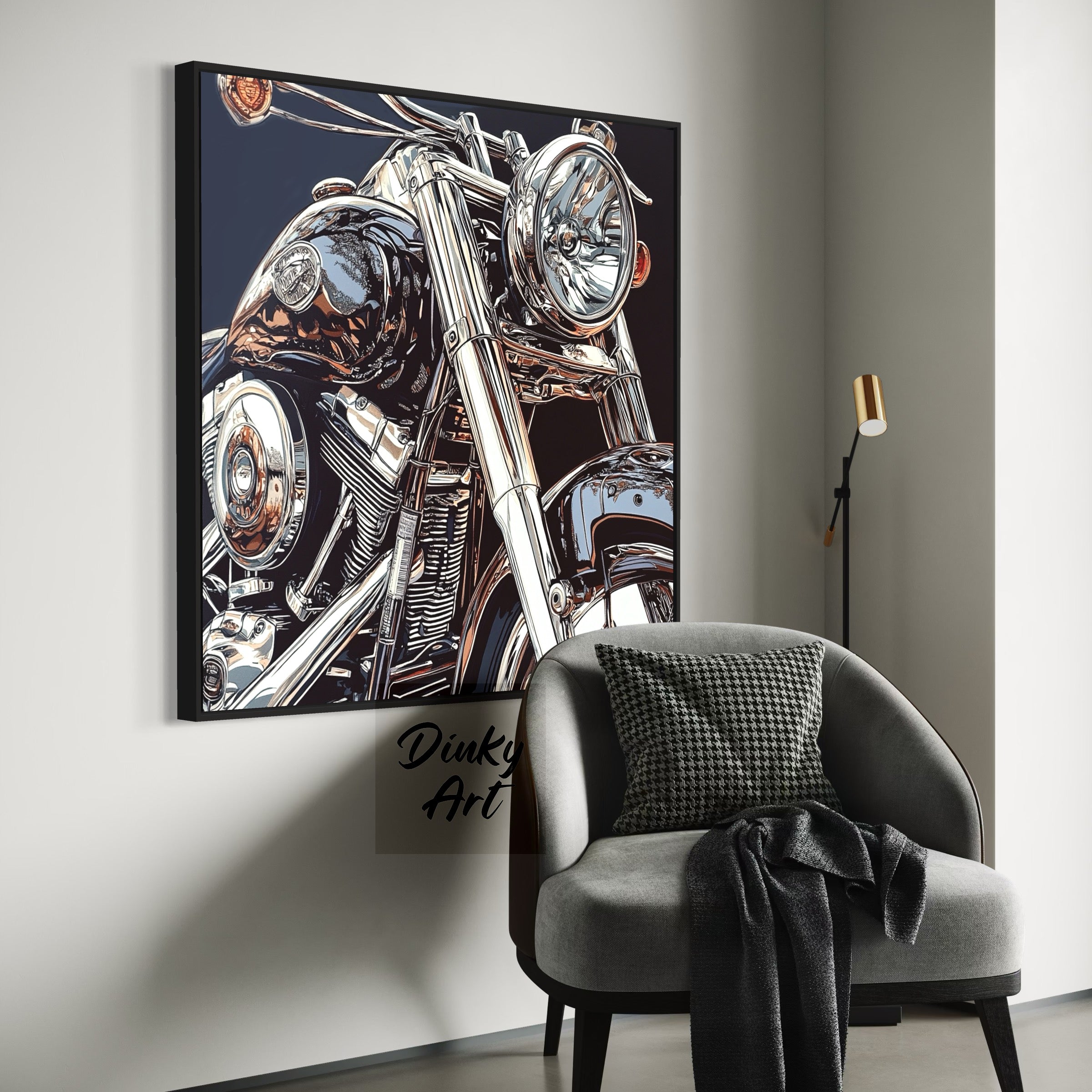 Motorcycle artwork on a wall above a gray armchair with a plaid pillow.