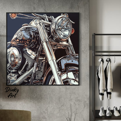 Framed artwork of a motorcycle on a wall with a coat rack below.