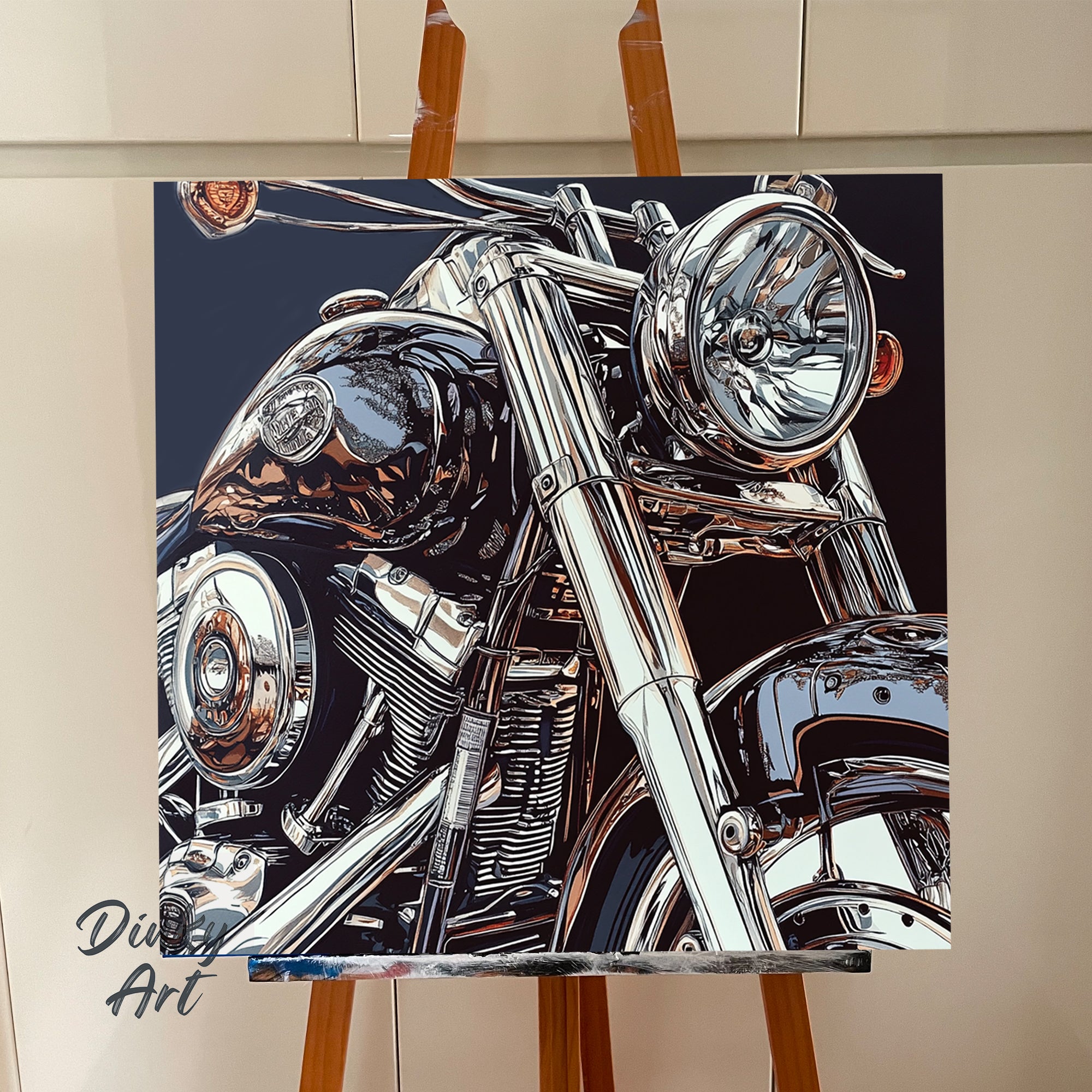 Chrome motorcycle on a stand with 'Dizzy Art' branding.
