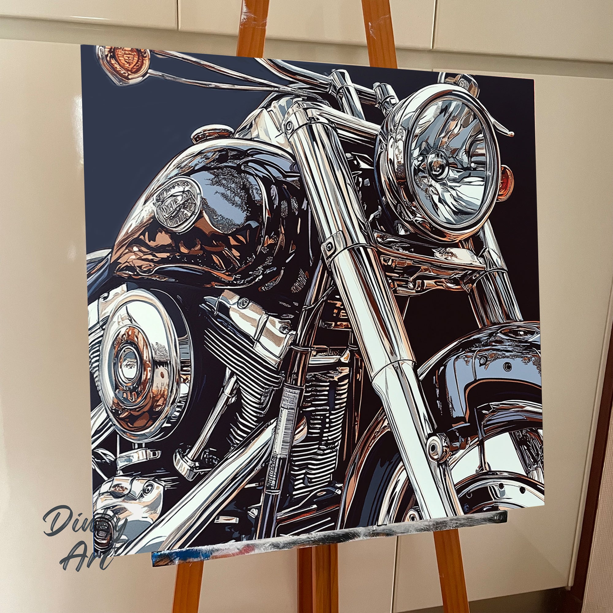 Close-up of a motorcycle on an easel with 'Ding' Art logo.