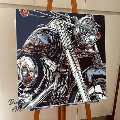 Close-up of a motorcycle on an easel with 'Ding' Art logo.